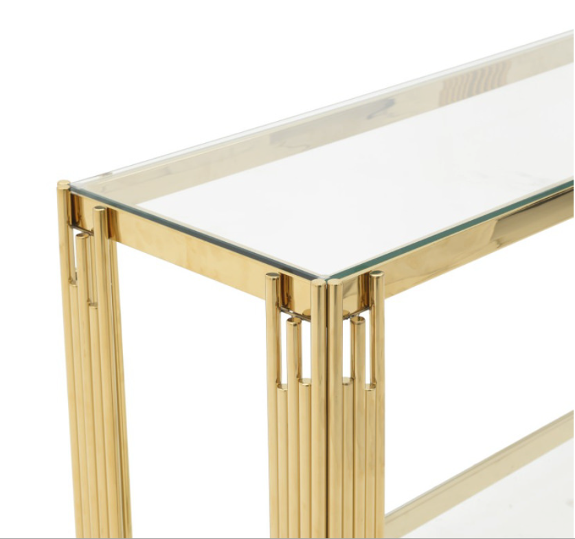 Masuta de cafea / consola cu cadru metalic auriu si blat de sticla, design modern