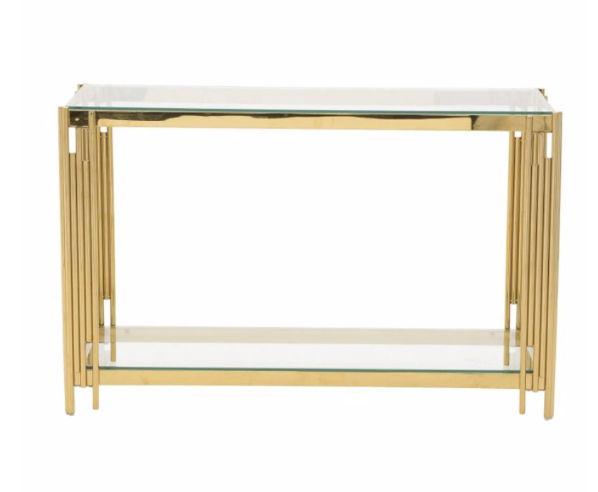 Masuta de cafea / consola cu cadru metalic auriu si blat de sticla, design modern
