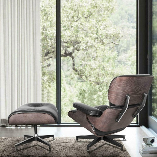 Scaun Classic cu taburet Charles Eames Lounge Chair Cu Piele Naturala Si Furnir