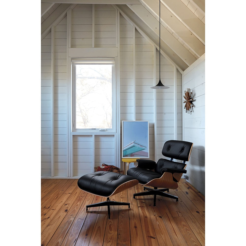 Scaun Classic cu taburet Charles Eames Lounge Chair Cu Piele Naturala Si Furnir