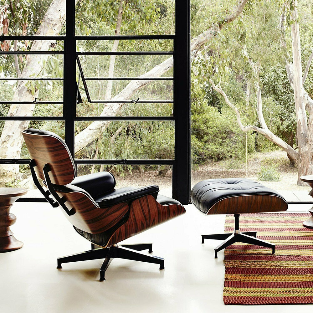 Scaun Classic cu taburet Charles Eames Lounge Chair Cu Piele Naturala Si Furnir