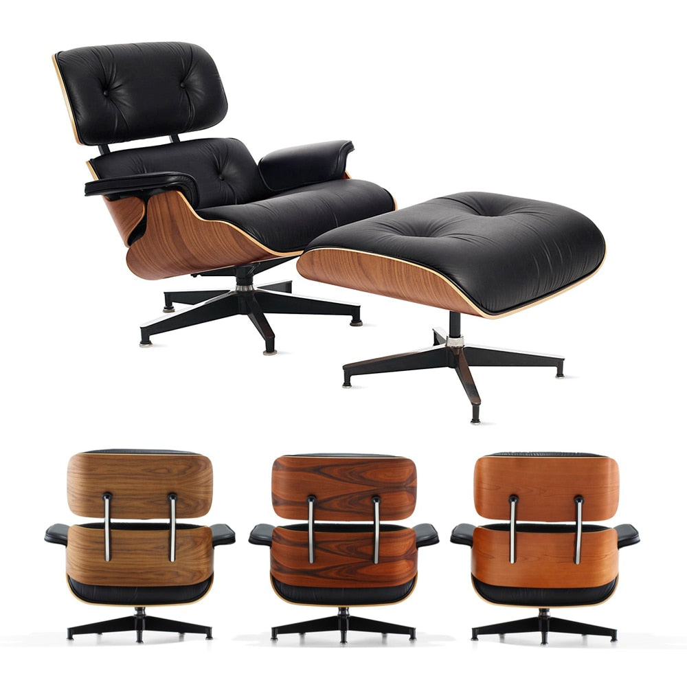 Scaun Classic cu taburet Charles Eames Lounge Chair Cu Piele Naturala Si Furnir