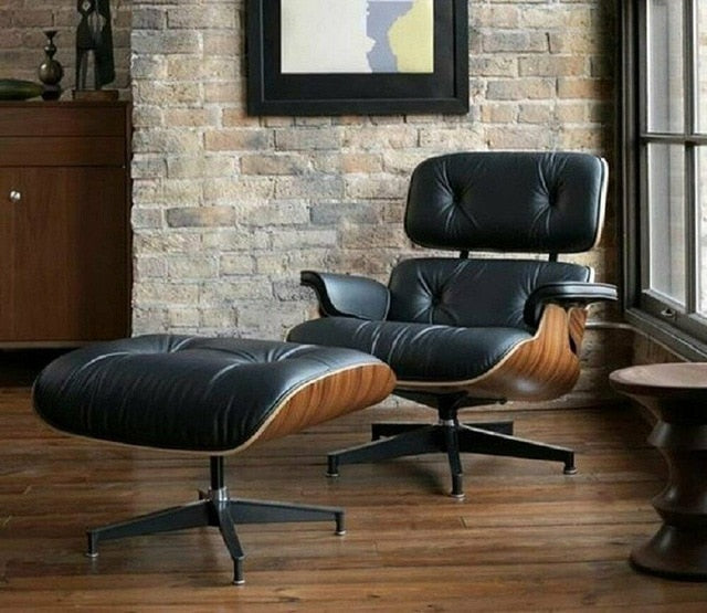 Scaun Classic cu taburet Charles Eames Lounge Chair Cu Piele Naturala Si Furnir