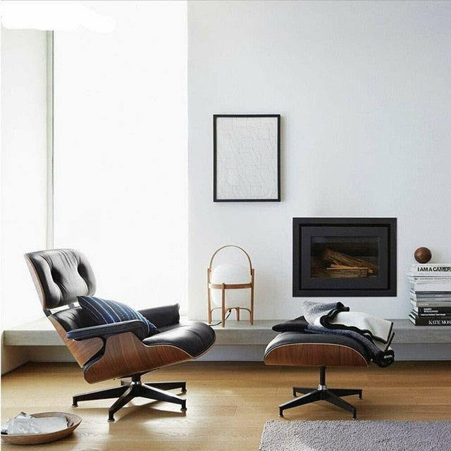 Scaun Classic cu taburet Charles Eames Lounge Chair Cu Piele Naturala Si Furnir