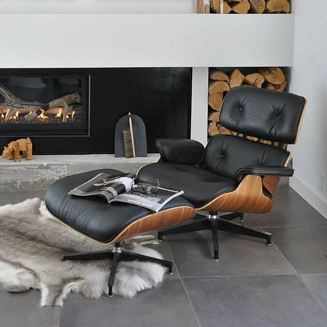 Scaun Classic cu taburet Charles Eames Lounge Chair Cu Piele Naturala Si Furnir