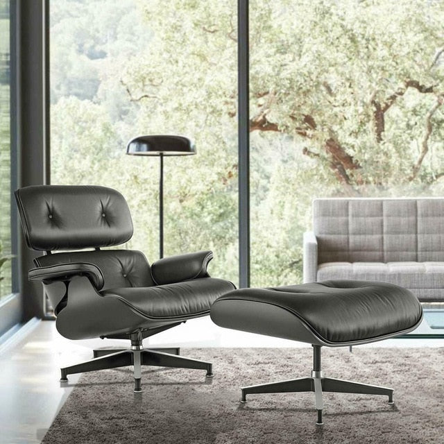 Scaun Classic cu taburet Charles Eames Lounge Chair Cu Piele Naturala Si Furnir