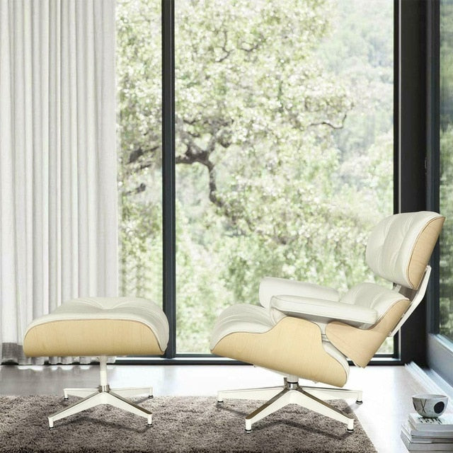 Scaun Classic cu taburet Charles Eames Lounge Chair Cu Piele Naturala Si Furnir