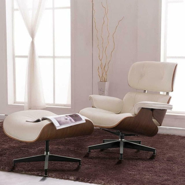 Scaun Classic cu taburet Charles Eames Lounge Chair Cu Piele Naturala Si Furnir